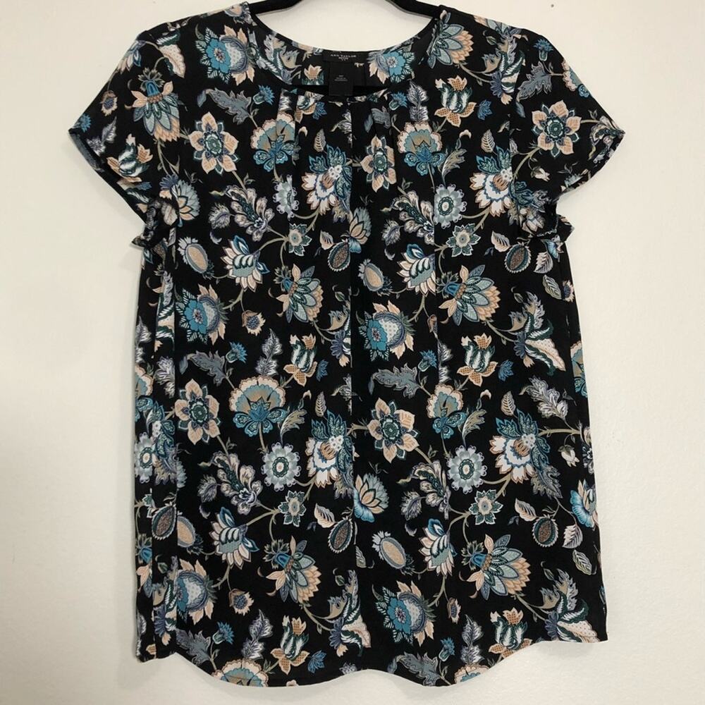 Ann Taylor Short Sleeve Floral Blouse Black Green